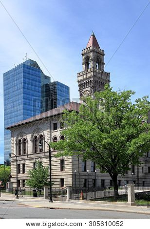 View Of Worcester City Hall And Contemporary Office Building In Downtown Worcester, Massachusetts