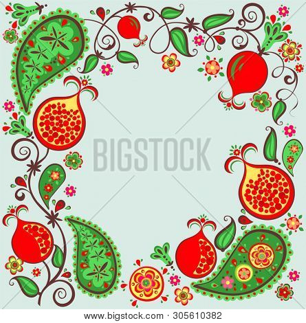 Floral ethnic border with abstract pomegranate tree, fruit, flower and paisly