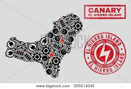 Composition Of Mosaic Power Supply El Hierro Island Map And Grunge Watermarks. Mosaic Vector El Hier