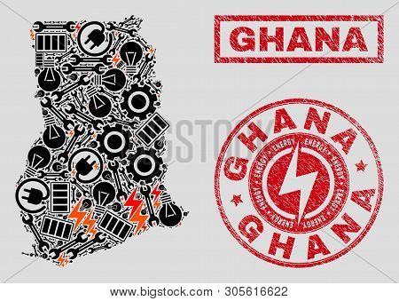 Composition Of Mosaic Power Supply Ghana Map And Grunge Seals. Mosaic Vector Ghana Map Is Composed W