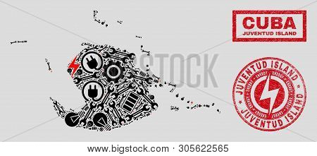 Composition Of Mosaic Power Supply Juventud Island Map And Grunge Seals. Mosaic Vector Juventud Isla