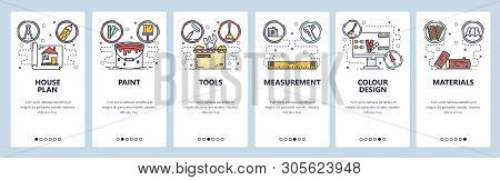Mobile App Onboarding Screens. House Building And Construction, Home Repair, Paint, Tools And Materi