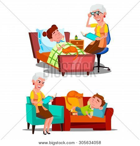 Grandmother Reading Nighttime Story Book Vector. Character Old Woman Reading Bedtime Fairy Tale For 
