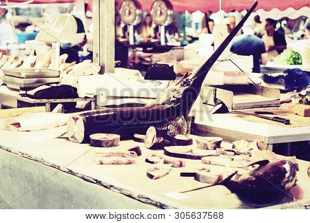 Fresh Fish Marlin For Sale In The Fish Market Pescheria Of Catania, Sicily, Italy