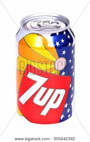 Novyy Urengoy, Russia - June 8, 2019: Aluminium Can Of The 7up 1960s Edition Isolated Over White Bac