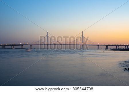 St. Petersburg, Russia : Bridge Across The Neva River In The Part Of The Whsd. This Toll Road Connec