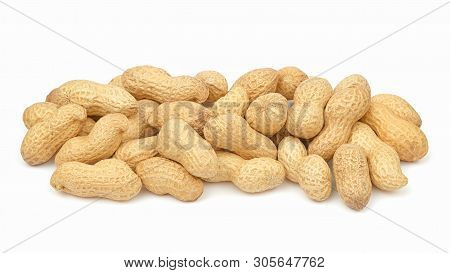 Peanuts In Shell Isolated On White Background. Pile Of Peanut Closeup. Organic Nuts