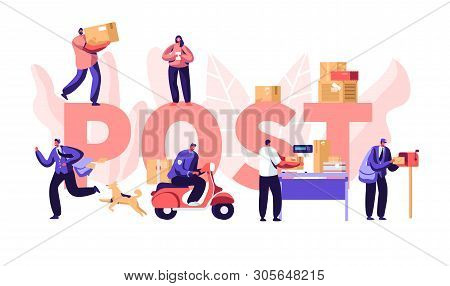 People In Post Office Concept, Postmen Deliver Mail Packages To Customers. Mail Delivery Service, Po