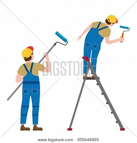 Set Painter Proffessional Characters Man At Work. Male Painters In Uniform Applying Paint To Wall Wi