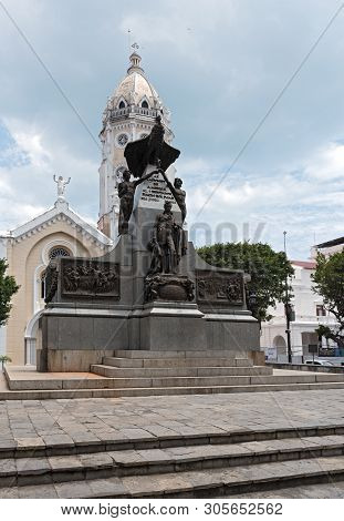 The Simon Bolivar Monument And San Francisco De Asis Church In Casco Viejo Panama City