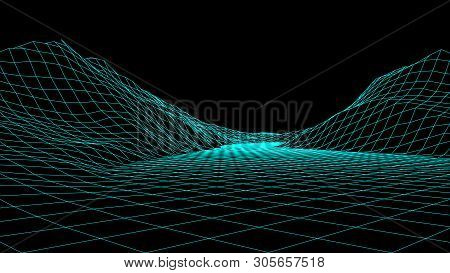 Vector Wireframe 3D Landscape. Technology Grid Illustration.