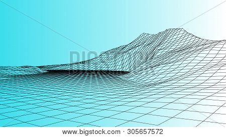 Vector Wireframe 3D Landscape. Technology Grid Illustration.