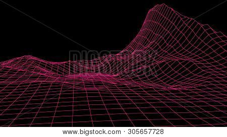 Vector Wireframe 3D Landscape. Technology Grid Illustration.
