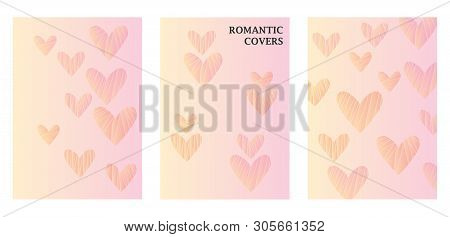 Three Flyer Templates In Delicate Pastel Shades. Romantic Pattern With Hearts.  Art Can Be Used For 