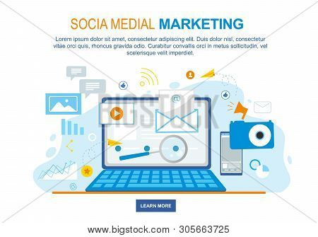 Social Media Marketing. Notebook Screen With Internet Icons Vector Illustration. Online Business Fin