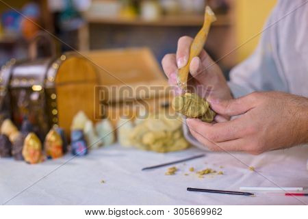 Professional Male Potter In Russian Ethnic Shirt Making Clay Figure For Medieval Popular Strategy Bo
