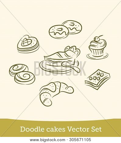 Doodle Cakes Set Isolated On White Background. Vector