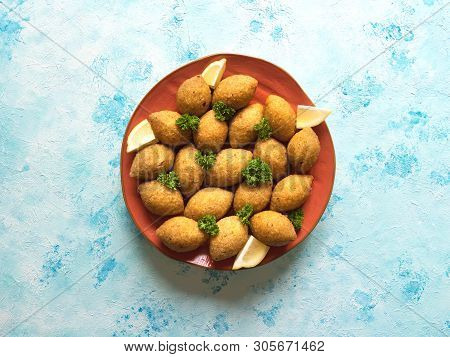 Arabic Meat Appetizer Kibbeh. Traditional Arabic Kibbeh With Lamb And Pine Nuts.