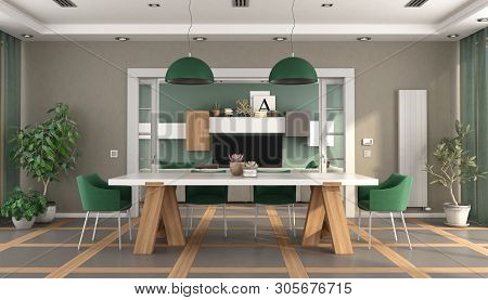Modern Dining Room With Open Sliding Door And Televison Set,sofa On Background 3d Rendering