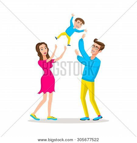 Happy Family Dad And Mom Threw Son Up, Parents With Their Little Child. Father Raising Baby Up In Th