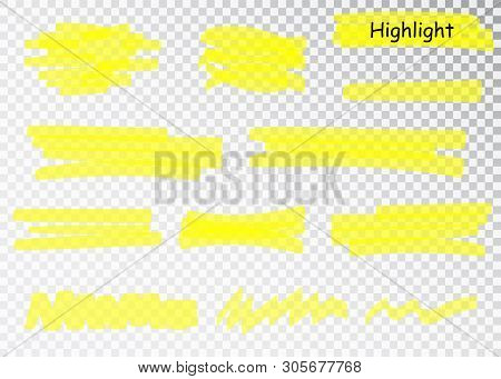 Yellow Highlighter Marker Strokes. Vector Brush Pen Underline Lines. Yellow Watercolor Hand Drawn Hi