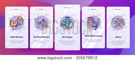 Archeological Tools And Excavations Vector Onboarding Mobile App Page Screen. Archeology Science. Ar