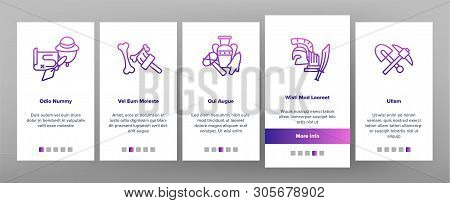 Archeological Tools And Excavations Vector Onboarding Mobile App Page Screen. Archeology Science. Ar