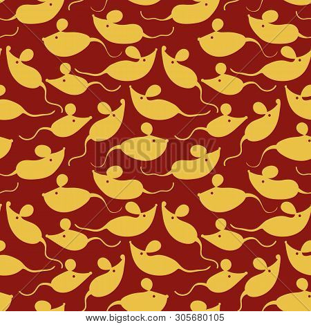 Seamless Vector Pattern With Gold Mouse Silhouettes. Surface Print Design.