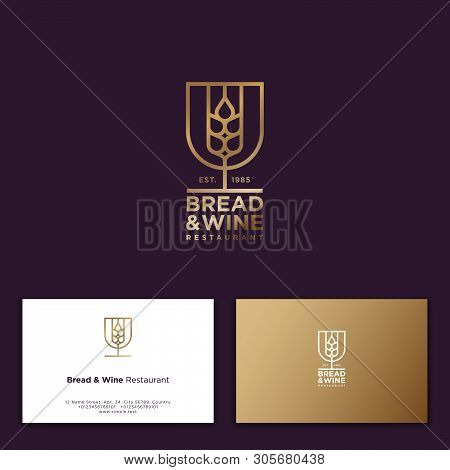 Bread And Wine Restauraunt Logo. Spikelet In A Wineglass Like Heraldic Shield. Business Card. Identi