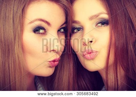 Family Relationships, Friendship Concept.two Beautiful Women Sisters Having Fun Making Duckface Send