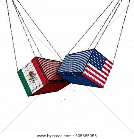 Mexico Us Trade War And American Tariffs As Two Opposing Cargo Freight Containers In Conflict As An 