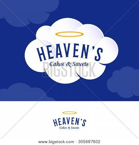 Heavens Logo. Bakery And Pastry Logo On White Cream Cloud. Letters And Golden Nimbus.