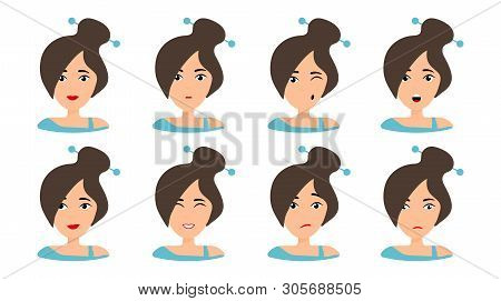 Beautiful Woman Portrait With Different Facial Expressions Set Isolated. Brunette With Ponytale. Fem