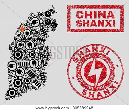 Composition Of Mosaic Power Supply Shanxi Province Map And Grunge Seals. Collage Vector Shanxi Provi