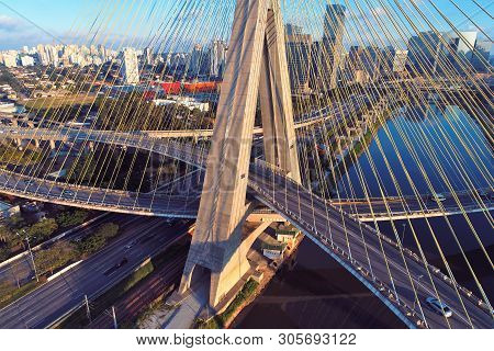 Estaiada Bridge Aerial View. Sao Paulo, Brazil. Business Center. Financial Center. Great Landscape. 
