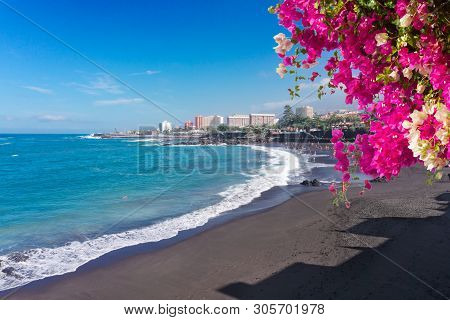 Beach With Volcanic Naural Black Sand, Playa Jardin, Puerto De La Cruz De Tenerife, Spain