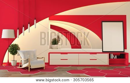 Modern Zen Style Coral Color Living Room. Peaceful And Serene Living Room. Decoration With Oriental 