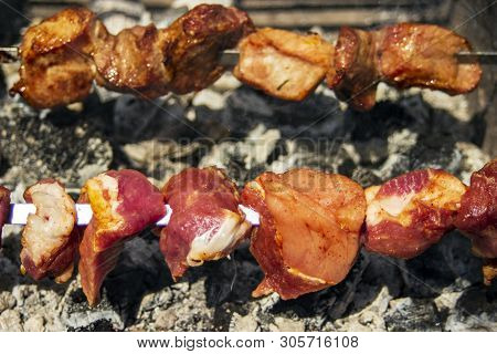Shashlik Of  Mutton, Beef Or Chicken Meat On Barbeque Outdoor
