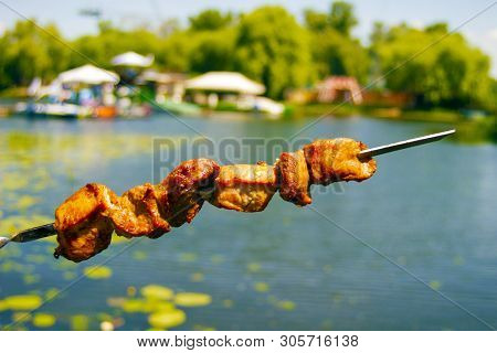 Shashlik Of  Mutton, Beef Or Chicken Meat On The Barbeque Outdoor At The River Side Or Sea Coast