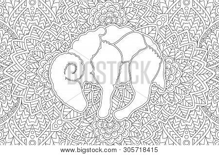 Coloring Book Page With White Aries Silhouette On Beautiful Monochrome Linear Pattern