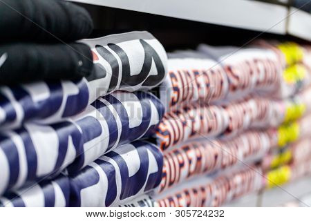 Alanya / Turkey - June 1, 2019: Clothes From Fila And Superdry Lies In A Clothing Store In Alanya, T