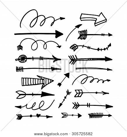 Hand Drawn Arrows Vector Illustrations Set. Various Direction Pointers Linear Drawing Pack. Decorati