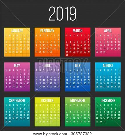 Creative Illustration Of 2019 Year Colorful Calendar Isolated On Background. Art Design Blank Mockup