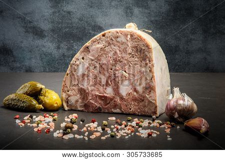 Handmade Meat Product Saltison With Garlic And Pickled Cucumbers