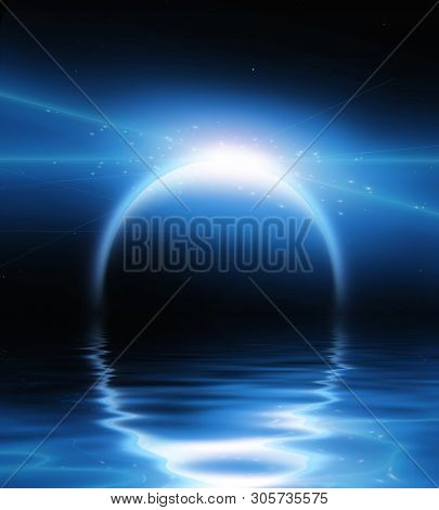 Exosolar planet rise over quiet waters. 3D rendering