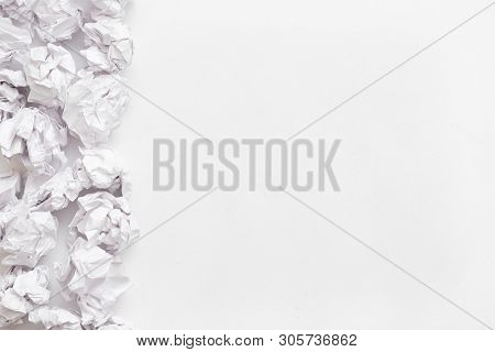 Wasted Ideas. Flat Lay Of Crumpled Paper Ball Pile On White Surface. Abstract Background. Copy Space
