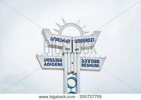 Goderdzi, Georgia - May 8, 2017. Signboard With Information About Goderdzi Pass