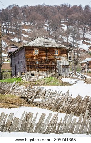 Goderdzi, Georgia - May 8, 2017. Traditional Wooden Houses In Georgian Mountains