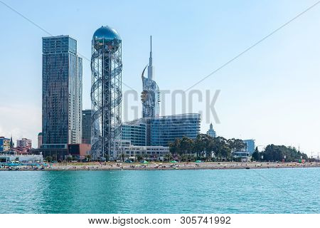 Batumi, Georgia - 08.05.2019: View From Sea To Resort Town Cityscape With Skyscrapers And Alphabet T