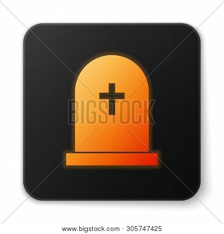 Orange Glowing Tombstone With Cross Icon Isolated On White Background. Grave Icon. Black Square Butt